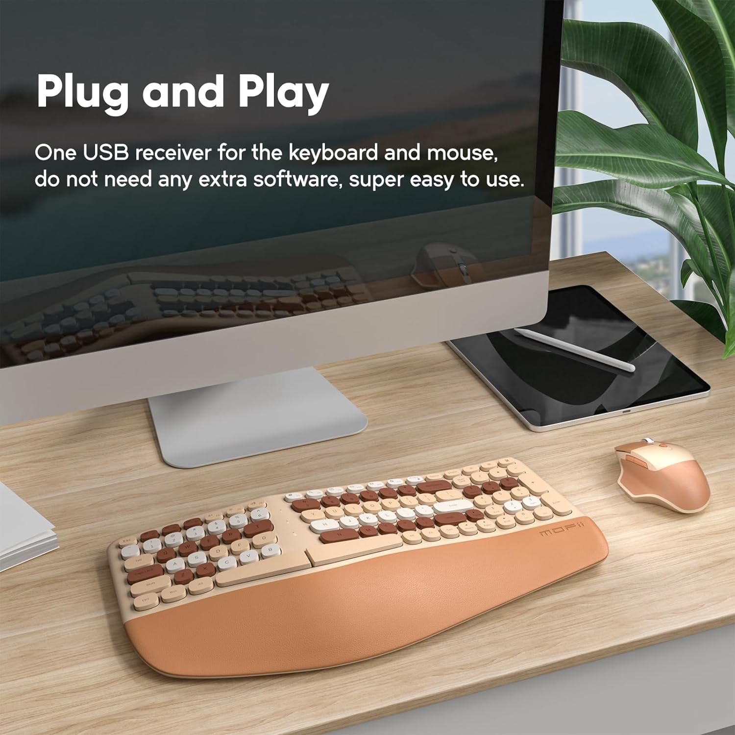 Ergonomic Wireless Keyboard and Mouse Combo - Milk Tea